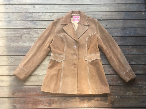 M/L Miss Pioneer suede jacket 70s brown leather cowhide 1970s M L size medium to large vintage size 16 warm brown tan boho hippie western M