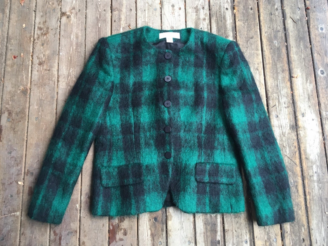 Sale Emerald Green Mohair Checked Jacket Plaid Check Wool Blazer