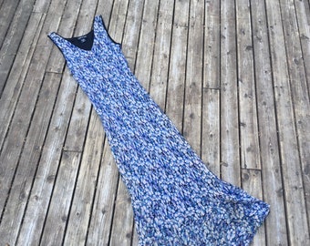 90s rayon maxi dress XS S size extra small bias cut A line made in India Indian blue floral 1990s does 30s 1930s inspired sleeveless hippie