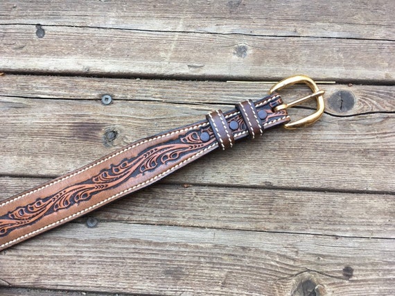 40 Tooled leather belt western brown hand tooled stamped solid | Etsy