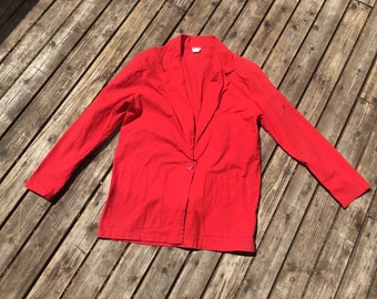 Minimalist cotton blazer lightweight summer jacket blouse top red 100 cotton Anjo 80s 1980s modern menswear inspired long tuxedo jacket 90s