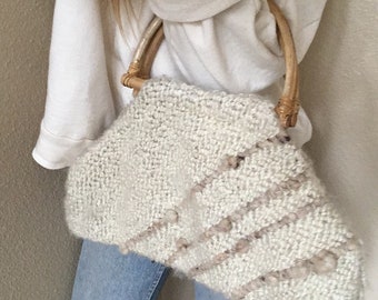 70s Bamboo handle bag hand woven satchel natural eco wool 1970s hippie modernist satchel mini tote bracelet bag mini minimalist beige white