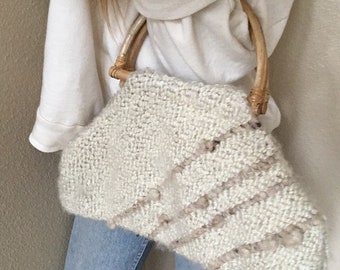 Sale 70s Bamboo handle bag hand woven satchel natural wool 1970s hippie modernist satchel mini tote bracelet bag mini minimalist beige white
