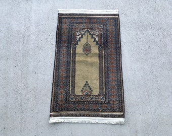 2x4 Turkish carpet prayer rug handmade wool antique pile earth tone beige sage green blue dusty rose vintage antique old boho home decor