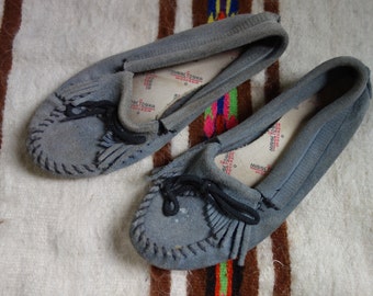 SALE Minnetonka moccassins fringe light blue distressed / 6 6.5 6 1/2 7 / womens / slippers / bohemian / rustic / camping / outdoors / cozy