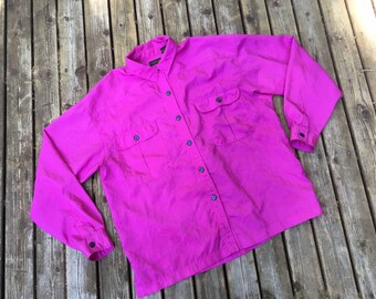 Sale 1980s oversized shirt 80s crinkle lightweight thin hot pink fuchsia bright orchid S M L size small medium large free button front up