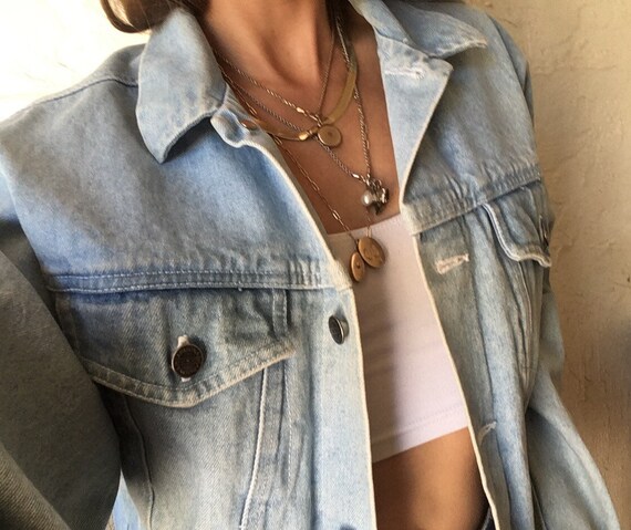 90s Jean Jacket Light Blue 100 Cotton Rigid Denim Blue Jeans 1990s XS S M Size Extra Small to Medium Boxy Distressed 80s 1980s Arizona Co.