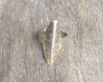 Old Hmong silver ring navette saddle ring adjustable long narrow statement hand chiseled chisel ethnic 4 4.5 4 1/2 5 5.5 5 1/2 6 6.5 6 1/2 7
