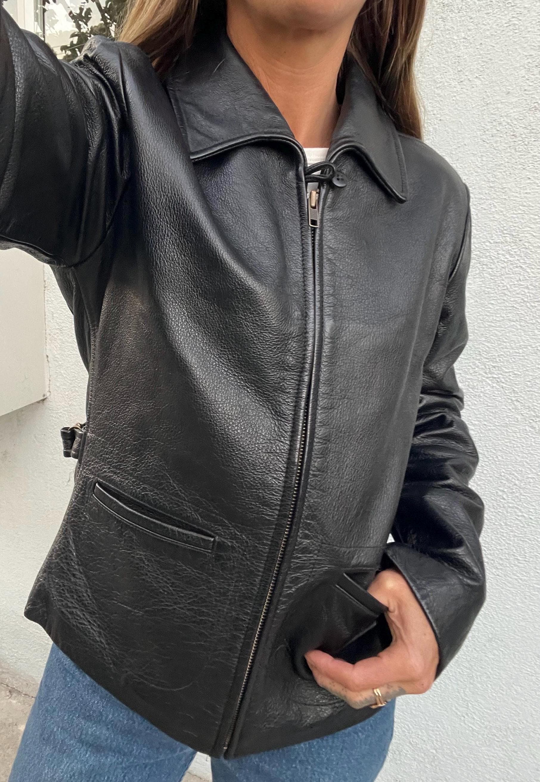 90s Black Leather Jacket Thick XS S Size Extra Small 1990s Ann
