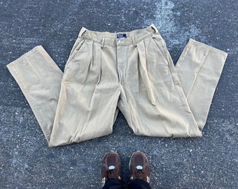 34x32 USA Polo Ralph Lauren chinos khaki khaki tan pants camel pleated slacks trousers 32 34 30 31 33 wide straight leg 100 cotton twill M L