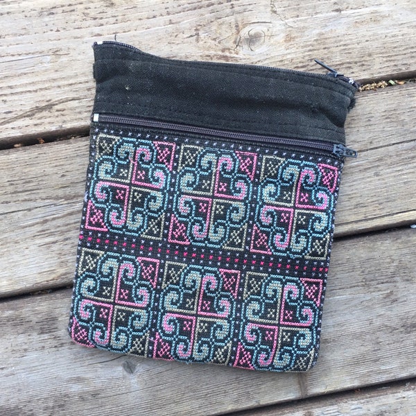 Ethnic embroidered pouch bag clutch purse makeup cosmetic black rainbow multicolor cotton hemp zip top zipper embroidery Hmong Hill Tribe