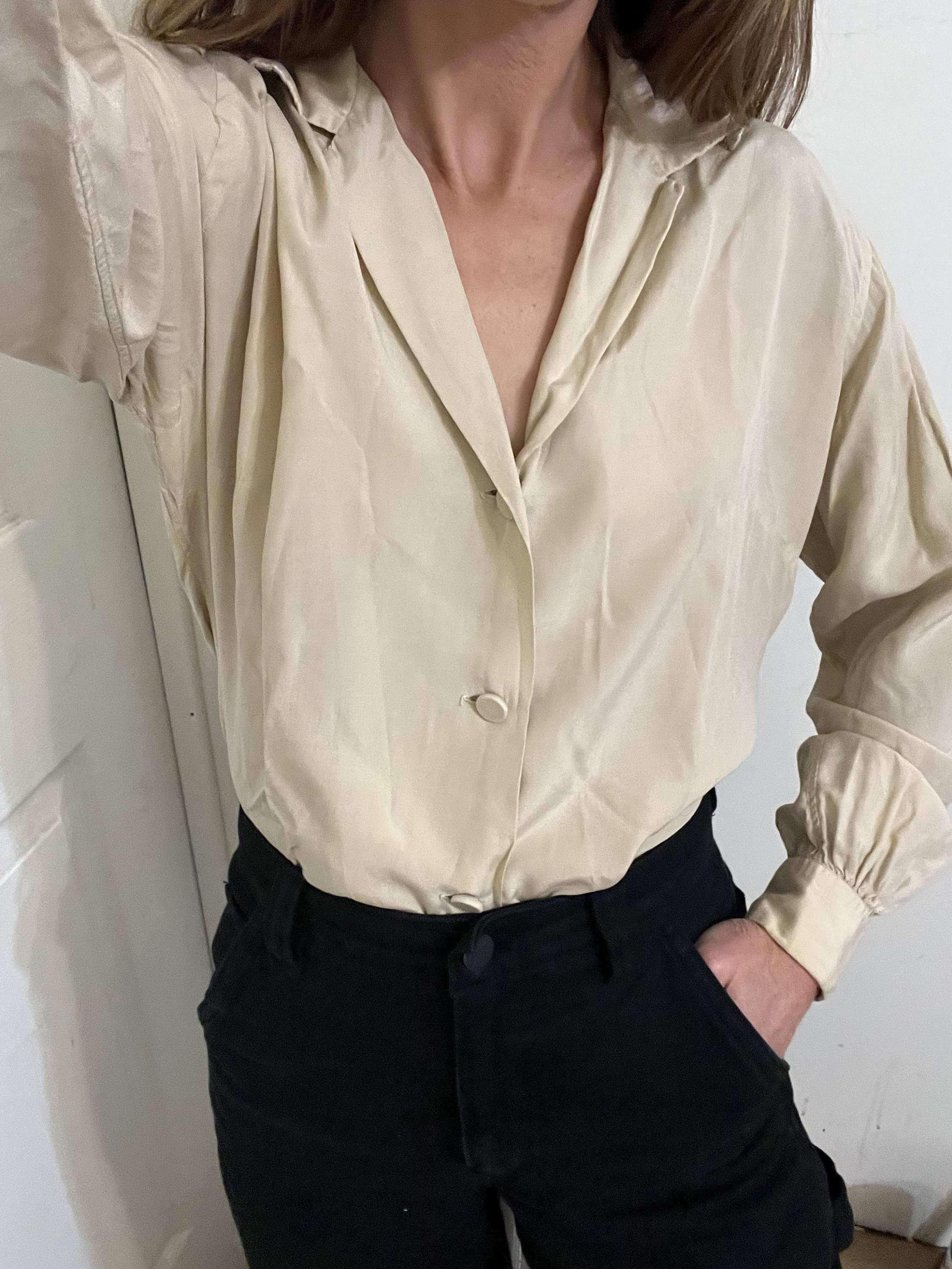 トップス 40-50s vintage silk shirt 1940s Saks 5th Ave Silk Blouse Shirt Top 40s Camp Collar 50s 1950s
