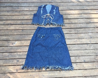 M 1940s denim rodeo suit Talon zipper skirt set vest top crop cropped fringe Country Music performer outfit pencil skirt high waist 40s 50s