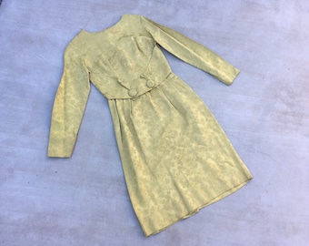 Sale High waist silk dress antique gold midi XS S M size extra small medium 50s 1950s 60s 1960s ochre 100 pure brocade tonal floral olive