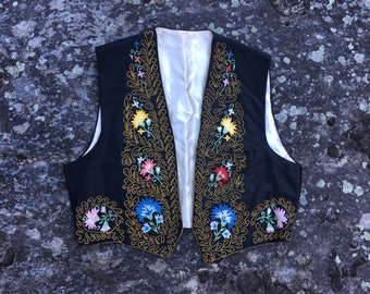 SALE Antique embroidered vest hand embroidery satin floral bolero waistcoat boho bohemian hippie folk folkloric floral ethnic beaded S M