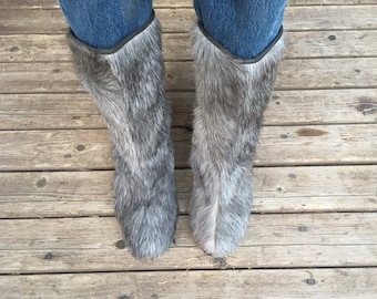 SALE Italian fur boots 7 made in Italy real fur gray 37 38 ankle mid calf warm winter pull on slip on flat low heel apres ski high quality