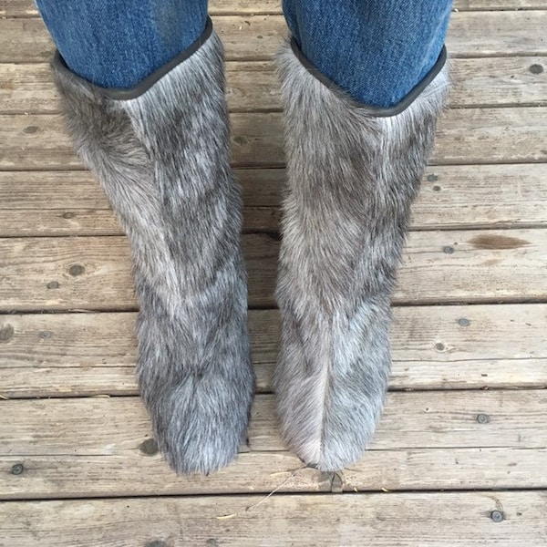 SALE Italian fur boots 7 made in Italy real fur gray 37 38 ankle mid calf warm winter pull on slip on flat low heel apres ski high quality