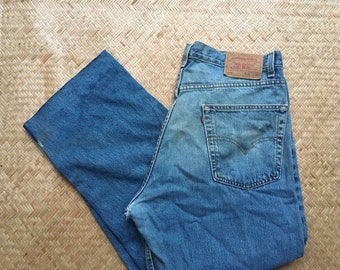 38x30 Levis 569 jeans made in USA America 35 36 37 38 wide leg crop distressed well worn 569s loose fit raw hem custom cut blue jeans denim