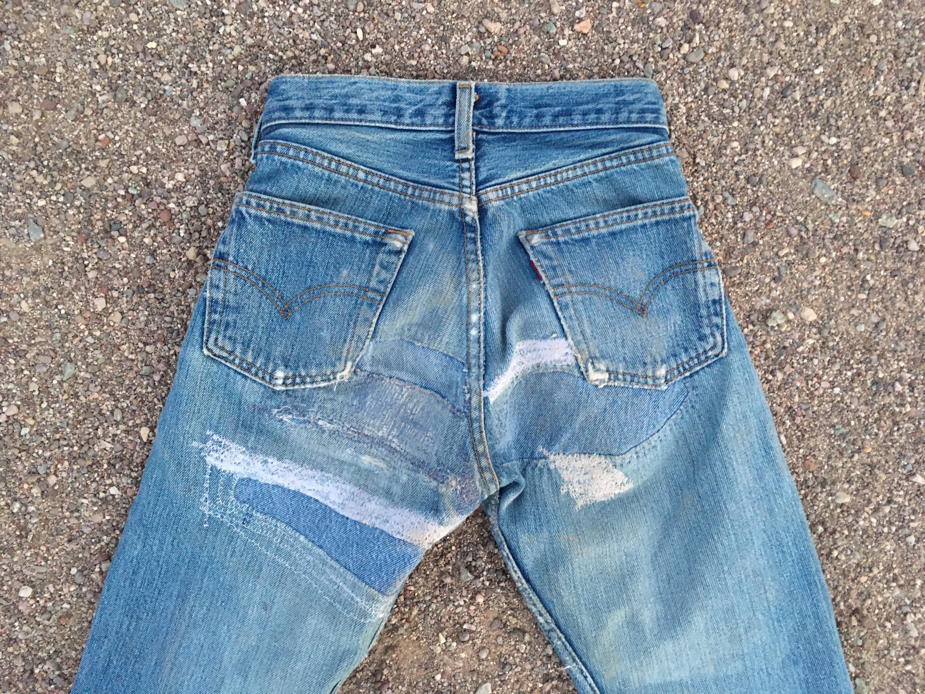 LEVI’S / 00's 501 repair denim pants Sale XS Levis 501 Jeans Distressed Patches Repairs 23 24 00 0 1 2