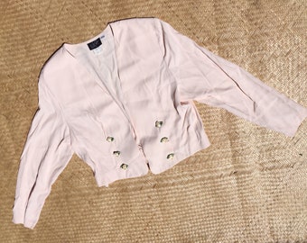 Sale cropped silky blazer jacket blush pink pastel S M size small medium made USA crop top blouse rayon acetate 80s 90s 1980s 1990s pastel