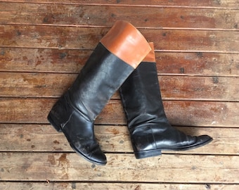 SALE 7 Italian leather riding boots made in Italy 37 6.5 6 1/2 7 7.5 7 1/2 black brown flat low heel boots pointed toe pointy 70s 1970s 80s