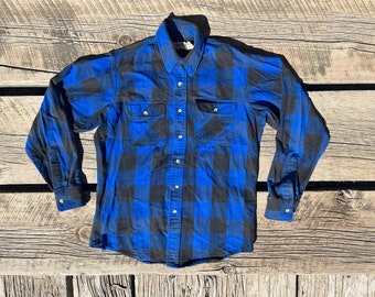 Distressed vintage work shirt flannel plaid made in USA free size oversized xs S m L 90s extra small to medium / large blue black faded old