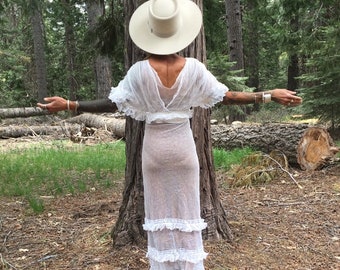 Antique Edwardian maxi dress sheer cotton gauze netting extra small short sleeve long full length semi sheer see through white XS 0 00 1 2 3