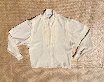 1970s silk blouse ivory Robert Haik New York Paris 70s S M L size small medium large flowy oversized timeless rouje white top long sleeve