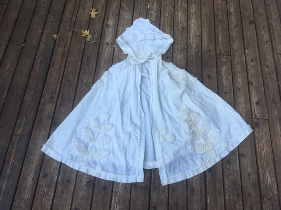 1960s cotton pompom cloak smocked hood hooded cape