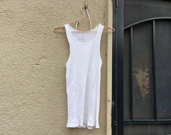 Y2K distressed tank top rib ribbed white beater A shirt Hanes thin paperthin sleeveless t shirt tee plain blank XS S M size extra small to L