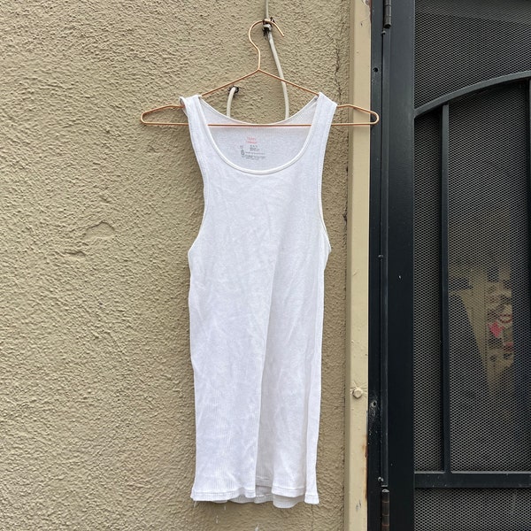 Y2K distressed tank top rib ribbed white beater A shirt Hanes thin paperthin sleeveless t shirt tee plain blank XS S M size extra small to L