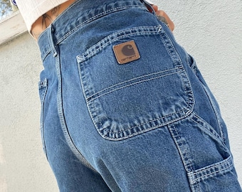 27 Carhartt Carpenter Jeans 90s 1990s Y2K 24 25 26 xs extra pequeño 0 1 2 3 4 Grunge Skate Skater Pantalones de pierna ancha 28x30 México Azul oscuro S Usado
