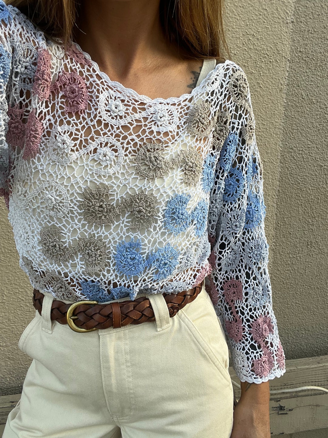 1970s Hand Crochet Cotton Top 70s Handmade Delicate XS S Size