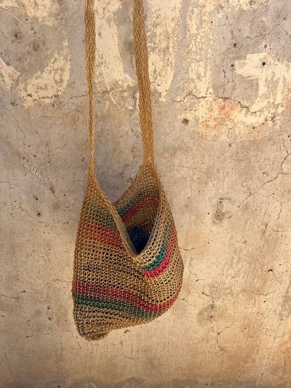 1970s crochet basket bag hobo sling tote - image 9