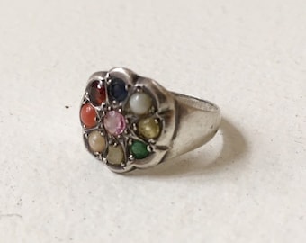Antique rainbow gemstone ring navaratna nawarat sterling silver 925 size 4 4.25 4 1/4 4.5 4 1/2 coin silver real authentic old yoga Hindu