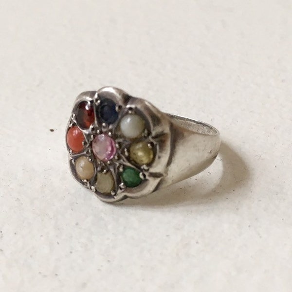 Antique rainbow gemstone ring navaratna nawarat sterling silver 925 size 4 4.25 4 1/4 4.5 4 1/2 coin silver real authentic old yoga Hindu