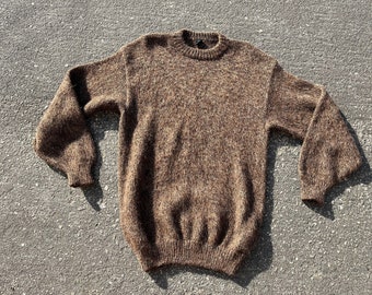 Sale Alpaca sweater brown crewneck Peru S M L size small medium large oversized marled heather natural wool jumper boxy slouchy menswear