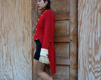 XS/S 1930s wool tailcoat / WPA handicraft jacket coat program / red / lace cuffs / XS S extra small to small