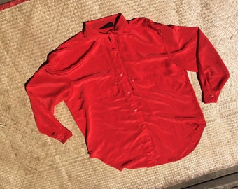 Oversized silky blouse shirt acetate red S M L size small medium large 80s 1980s 90s 1990s power suit blazer top menswear inspired boxy luxe