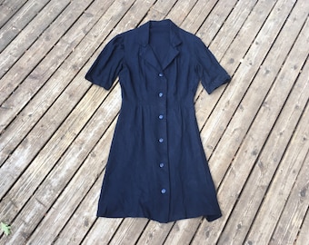 1940s linen day dress S M size small to medium navy dark blue cotton short sleeve v neck 40s 30s 1930s button front buttons true vintage 4 6