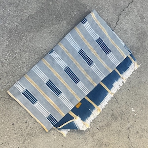 Puede incluir: Tela plegada a rayas azules y blancas con un borde con flecos. La tela presenta rayas blancas verticales, intercaladas con patrones rectangulares azules y finas rayas doradas. El borde es azul oscuro con un borde con flecos.