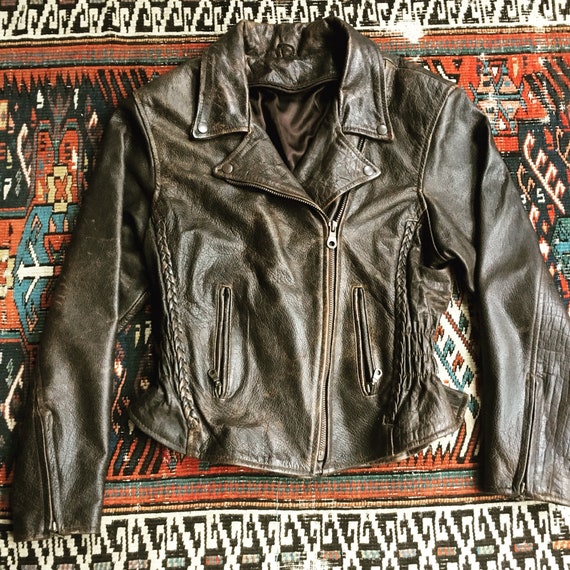 S M Leather Motorcycle Jacket Brown Heavy Weight Thick Cowhide Womens Small To Medium 0 1 2 3 4 5 6 Dark Distressed