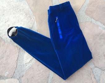 Sale Escada high waist velvet stirrup pants 80s 1980s 90s 1990s 28 27 26 disco leggings Margaretha Ley made in Germany royal blue riding S M