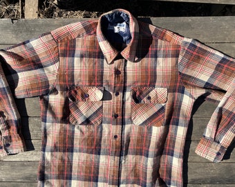 1970s flannel shirt 70s brown tan dark blue warm cozy vegan wool button down up oversized S M L small medium large big streetwear hippie vtg