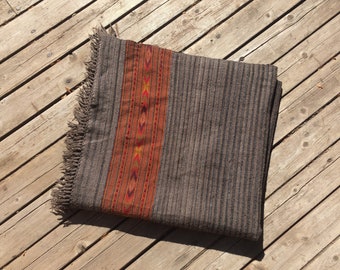 Handwoven yak wool blanket gray shawl wrap poncho soft warm wool hand woven stripe striped geometric red orange ethnic traditional textile