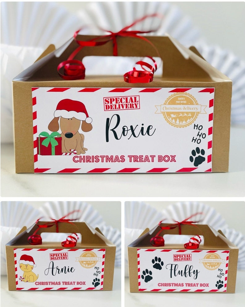 May include: Three brown cardboard boxes with red and white striped labels. The labels have a cartoon dog wearing a Santa hat and a red bow. The boxes are labeled "Special Delivery" with the names "Roxie", "Arnie", and "Fluffy" and the text "Christmas Treat Box".