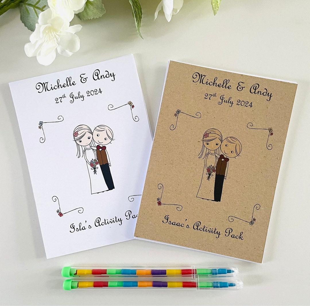 Personalised Kids Wedding Activity Pack Bride & Groom Favour A6 Vintage Style Brown | White Card ...