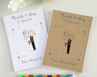 Personalised Kids Wedding Activity Pack | Bride Groom | Kids Table Favour | A6 | Vintage Style Brown | White Card | Wedding Colouring Pack