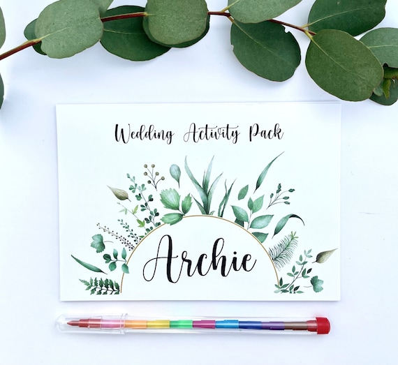 Children's Personalised Wedding Activity Pack Leaves Kids Table Colouring A6 White