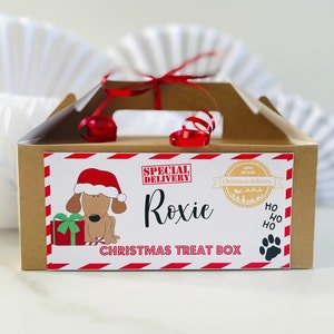 May include: A brown cardboard box with a red ribbon and a personalized Christmas treat box label. The label features a cartoon dog wearing a Santa hat, a red and white striped background, and the text "Special Delivery" and "Christmas Treat Box". The dog's name, "Roxie", is printed in large letters.